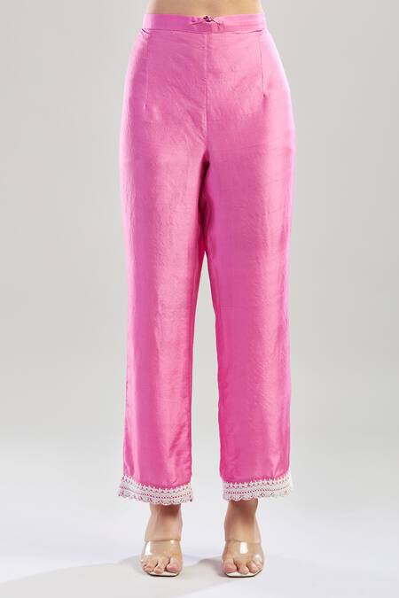 Anushree Reddy_Pink Cotton, Silk Beads, Embroidery, Lace Split V-neck Floral Kurta Set_at_Aza_Fashions