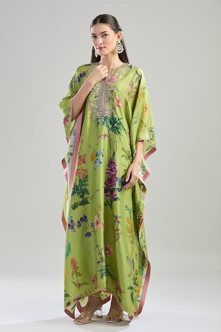 Buy_Anushree Reddy_Green Cotton Embroidery Split V-neck Botanical Print Kaftan And Pant Set _Online_at_Aza_Fashions