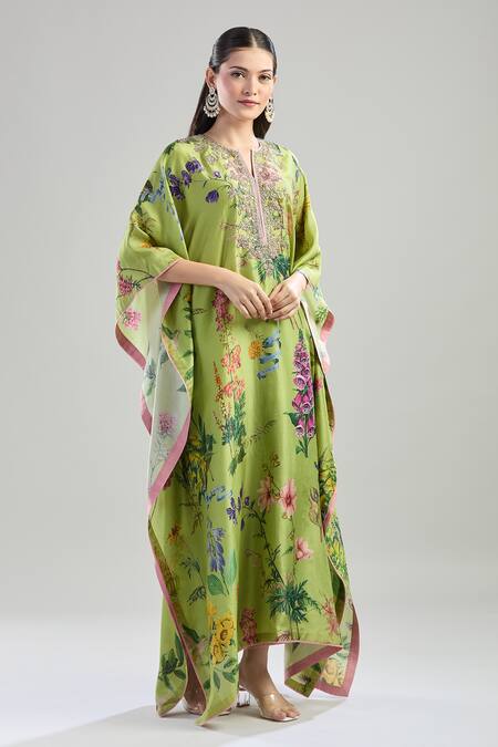 Anushree Reddy_Green Cotton Embroidery Split V-neck Botanical Print Kaftan And Pant Set _at_Aza_Fashions