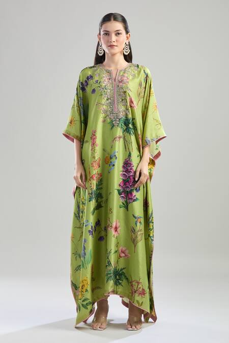 Anushree Reddy_Green Cotton Embroidery Split V-neck Botanical Print Kaftan And Pant Set _Online_at_Aza_Fashions