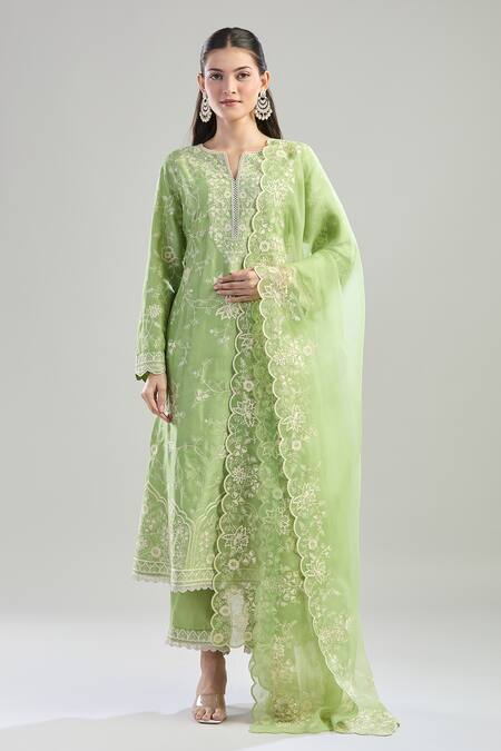 Shop Anushree Reddy Green Cotton Embroidery Split V-neck Aari Kurta Set Online at Aza Fashions Shop_Anushree Reddy_Green Cotton Embroidery Split V-neck Aari Kurta Set _Online_at_Aza_Fashions