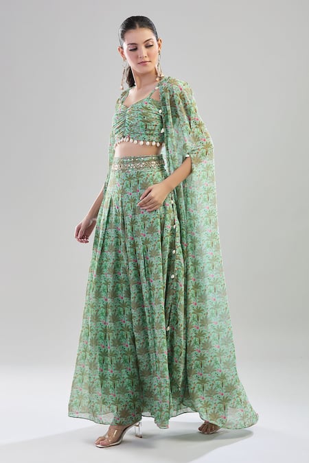 Buy_Basanti - Kapde Aur Koffee_Green Cotton Sweetheart Neck Tropical Tree Print Cape Sharara Set _Online_at_Aza_Fashions