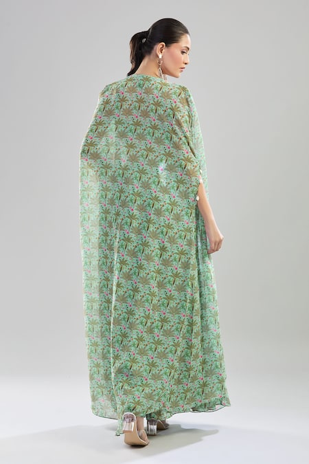 Shop_Basanti - Kapde Aur Koffee_Green Cotton Sweetheart Neck Tropical Tree Print Cape Sharara Set _Online_at_Aza_Fashions