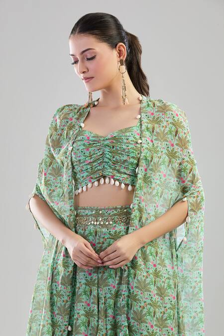 Basanti - Kapde Aur Koffee_Green Cotton Sweetheart Neck Tropical Tree Print Cape Sharara Set _at_Aza_Fashions