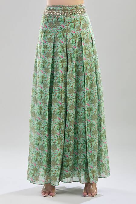 Buy_Basanti - Kapde Aur Koffee_Green Cotton Sweetheart Neck Tropical Tree Print Cape Sharara Set 