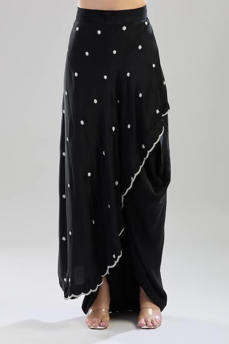 Aariyana Couture_Black Chiffon Pearls, Cut Work Sweetheart Neck Embroidered Draped Skirt Set _Online_at_Aza_Fashions