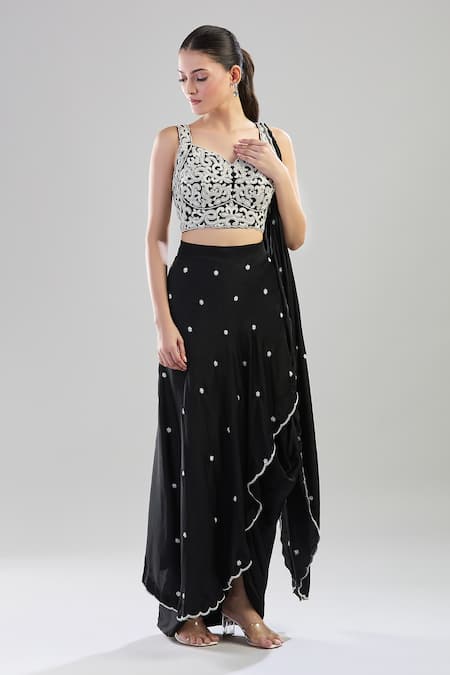 Buy_Aariyana Couture_Black Chiffon Pearls, Cut Work Sweetheart Neck Embroidered Draped Skirt Set _Online_at_Aza_Fashions