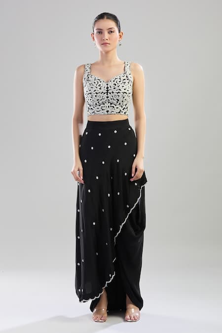 Shop_Aariyana Couture_Black Chiffon Pearls, Cut Work Sweetheart Neck Embroidered Draped Skirt Set _Online_at_Aza_Fashions