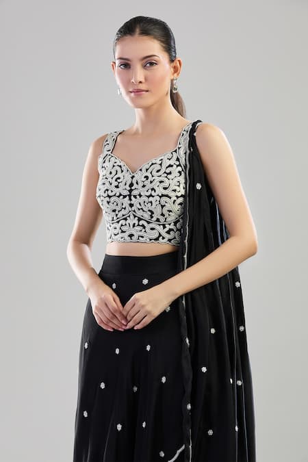 Aariyana Couture_Black Chiffon Pearls, Cut Work Sweetheart Neck Embroidered Draped Skirt Set _at_Aza_Fashions