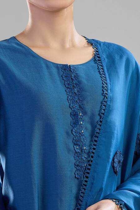 Dohr India_Blue Chiffon Applique, Sequins, Embroidery Round Neck Floral Kurta Palazzo Set_Online_at_Aza_Fashions