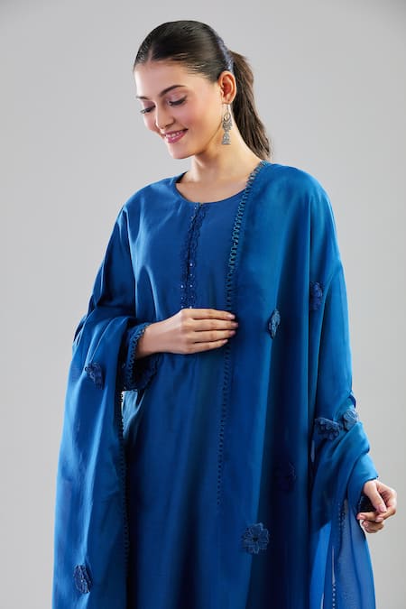 Buy_Dohr India_Blue Chiffon Applique, Sequins, Embroidery Round Neck Floral Kurta Palazzo Set_Online_at_Aza_Fashions