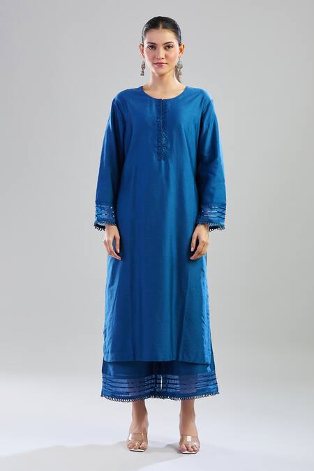 Shop_Dohr India_Blue Chiffon Applique, Sequins, Embroidery Round Neck Floral Kurta Palazzo Set_Online_at_Aza_Fashions