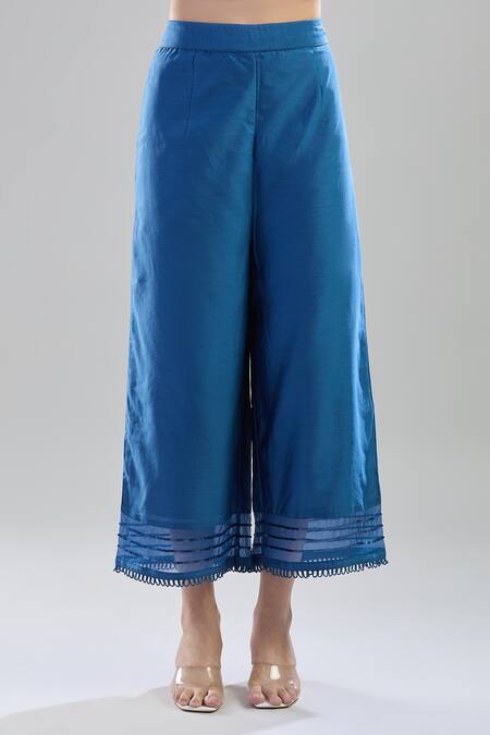 Dohr India_Blue Chiffon Applique, Sequins, Embroidery Round Neck Floral Kurta Palazzo Set_at_Aza_Fashions