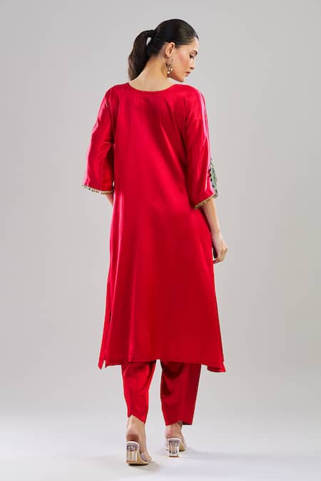 Shop_Ekavira_Red Silk V-neck Coin Embroidered Choga Kurta Set _at_Aza_Fashions