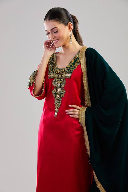 Buy_Ekavira_Red Silk V-neck Coin Embroidered Choga Kurta Set _Online_at_Aza_Fashions