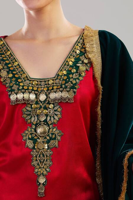 Shop_Ekavira_Red Silk V-neck Coin Embroidered Choga Kurta Set _Online_at_Aza_Fashions