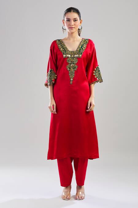 Ekavira_Red Silk V-neck Coin Embroidered Choga Kurta Set _at_Aza_Fashions