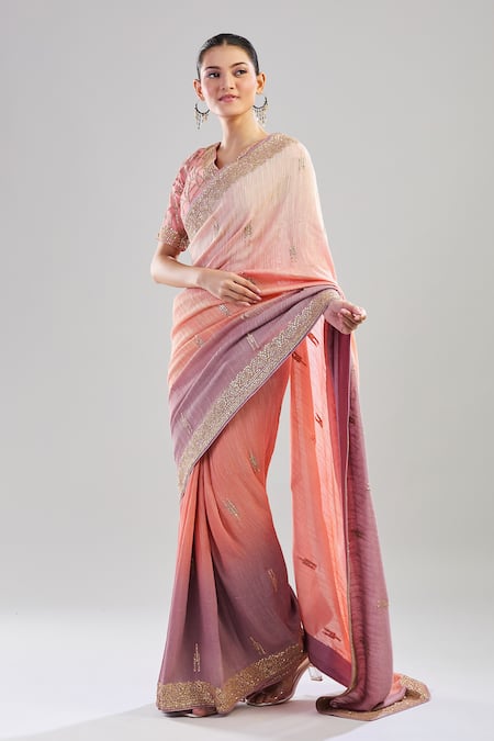 Nitika Gujral_Peach Gota Patti, Zari, Sequins V-neck Embroidered Ombre Saree Set _Online_at_Aza_Fashions