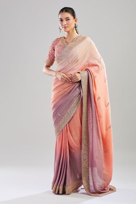 Buy_Nitika Gujral_Peach Gota Patti, Zari, Sequins V-neck Embroidered Ombre Saree Set _Online_at_Aza_Fashions