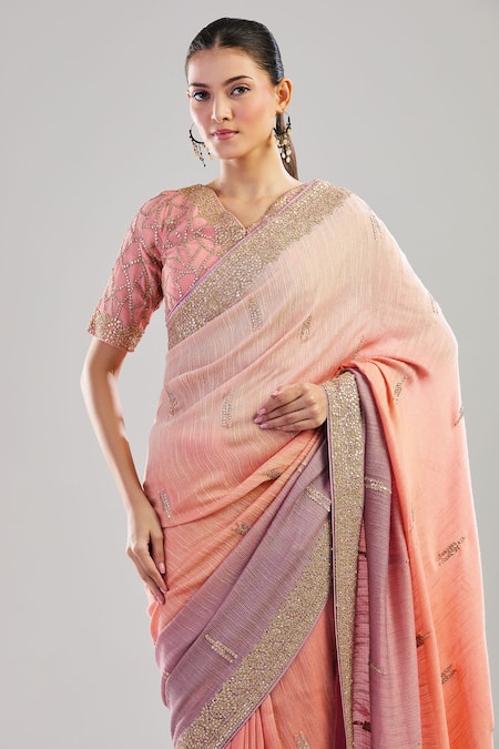 Shop_Nitika Gujral_Peach Gota Patti, Zari, Sequins V-neck Embroidered Ombre Saree Set _Online_at_Aza_Fashions