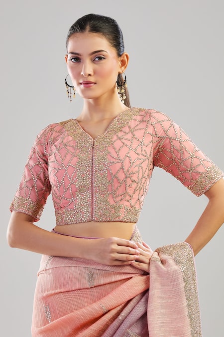 Nitika Gujral_Peach Gota Patti, Zari, Sequins V-neck Embroidered Ombre Saree Set _at_Aza_Fashions