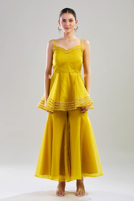 Pomcha Jaipur_Yellow Cotton Gota Patti Sweetheart Neck Embroidered Peplum Top And Sharara Set _Online_at_Aza_Fashions