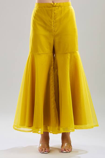 Buy_Pomcha Jaipur_Yellow Cotton Gota Patti Sweetheart Neck Embroidered Peplum Top And Sharara Set _Online_at_Aza_Fashions