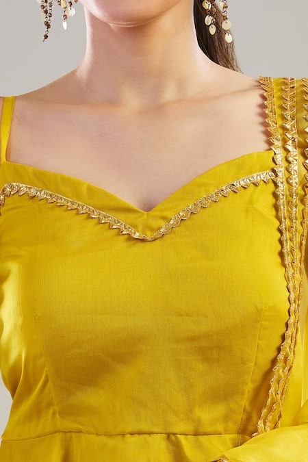 Pomcha Jaipur_Yellow Cotton Gota Patti Sweetheart Neck Embroidered Peplum Top And Sharara Set _at_Aza_Fashions
