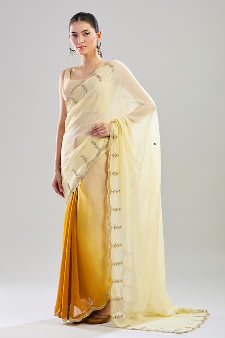 Pouli Pret Yellow Chiffon Sequins, Zari, Pearls Ombre Saree With Unstitched Blouse Piece Online at Aza Fashions Pouli Pret_Yellow Chiffon Sequins, Zari, Pearls Ombre Saree With Unstitched Blouse Piece_Online_at_Aza_Fashions