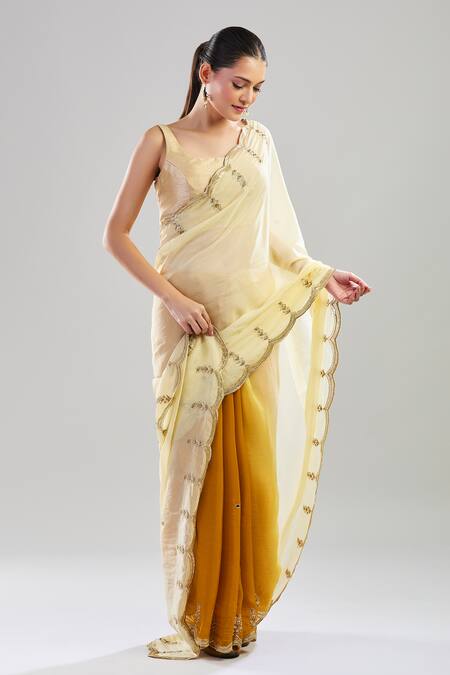 Buy Pouli Pret Yellow Chiffon Sequins, Zari, Pearls Ombre Saree With Unstitched Blouse Piece Online at Aza Fashions Buy_Pouli Pret_Yellow Chiffon Sequins, Zari, Pearls Ombre Saree With Unstitched Blouse Piece_Online_at_Aza_Fashions
