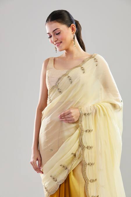 Shop Pouli Pret Yellow Chiffon Sequins, Zari, Pearls Ombre Saree With Unstitched Blouse Piece Online at Aza Fashions Shop_Pouli Pret_Yellow Chiffon Sequins, Zari, Pearls Ombre Saree With Unstitched Blouse Piece_Online_at_Aza_Fashions