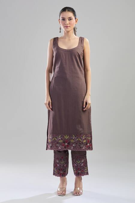 Show Shaa_Brown Cotton, Chiffon Embroidery Round Neck Floral Kurta Pant Set _Online_at_Aza_Fashions
