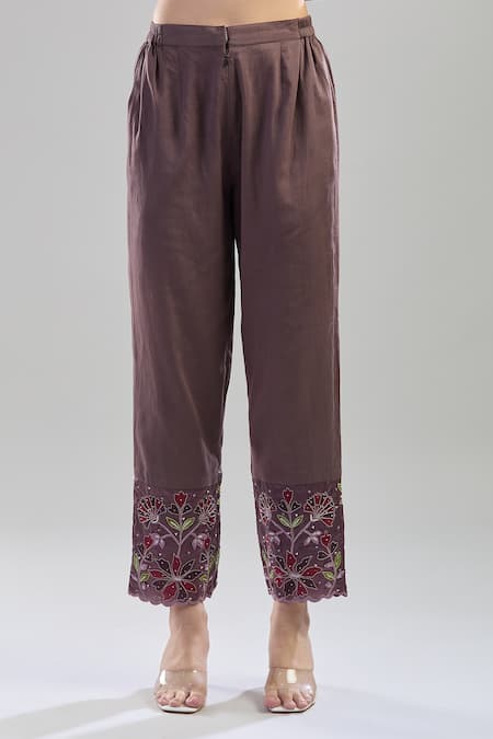 Buy_Show Shaa_Brown Cotton, Chiffon Embroidery Round Neck Floral Kurta Pant Set _Online_at_Aza_Fashions