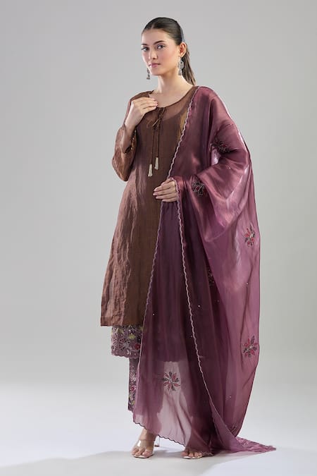 Shop_Show Shaa_Brown Cotton, Chiffon Embroidery Round Neck Floral Kurta Pant Set _Online_at_Aza_Fashions