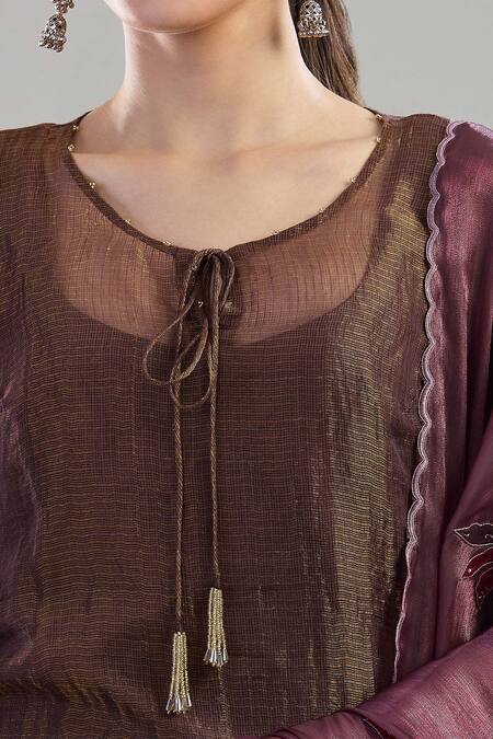 Show Shaa_Brown Cotton, Chiffon Embroidery Round Neck Floral Kurta Pant Set _at_Aza_Fashions