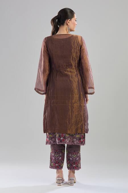 Shop_Show Shaa_Brown Cotton, Chiffon Embroidery Round Neck Floral Kurta Pant Set _at_Aza_Fashions