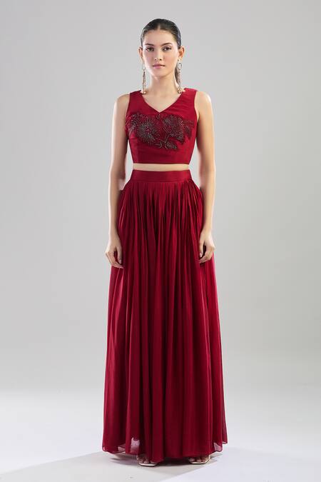 Smriti By Anju Agarwal Maroon Chiffon Sequins, Cut Work Open Floral Embroidered Asymmetric Jacket Set Online at Aza Fashions Smriti By Anju Agarwal_Maroon Chiffon Sequins, Cut Work Open Floral Embroidered Asymmetric Jacket Set_Online_at_Aza_Fashions