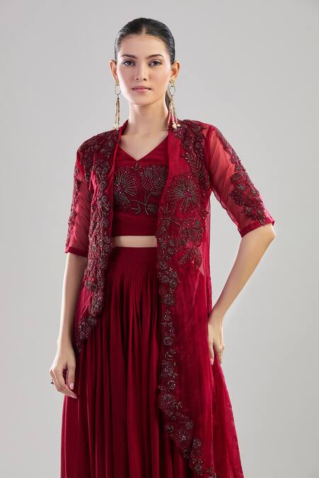 Smriti By Anju Agarwal Maroon Chiffon Sequins, Cut Work Open Floral Embroidered Asymmetric Jacket Set at Aza Fashions Smriti By Anju Agarwal_Maroon Chiffon Sequins, Cut Work Open Floral Embroidered Asymmetric Jacket Set_at_Aza_Fashions