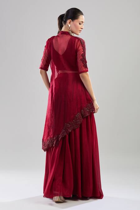 Shop Smriti By Anju Agarwal Maroon Chiffon Sequins, Cut Work Open Floral Embroidered Asymmetric Jacket Set at Aza Fashions Shop_Smriti By Anju Agarwal_Maroon Chiffon Sequins, Cut Work Open Floral Embroidered Asymmetric Jacket Set_at_Aza_Fashions