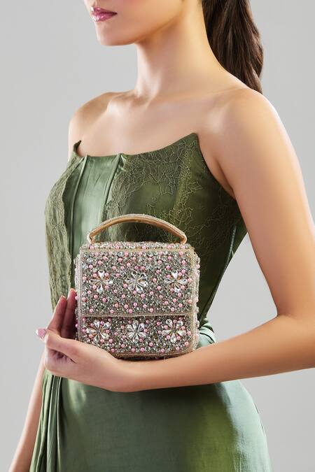 House Of Webhin_Silver Stones, Cut Work, Pearls Embellished Box Handbag_Online_at_Aza_Fashions