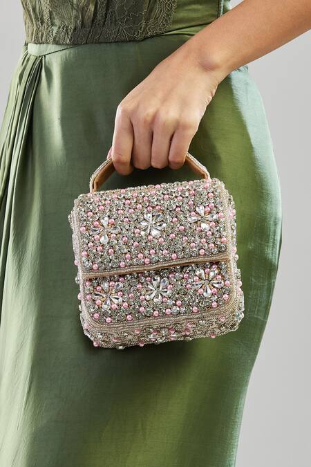 Buy_House Of Webhin_Silver Stones, Cut Work, Pearls Embellished Box Handbag_Online_at_Aza_Fashions