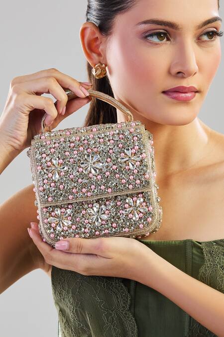 Shop_House Of Webhin_Silver Stones, Cut Work, Pearls Embellished Box Handbag_Online_at_Aza_Fashions