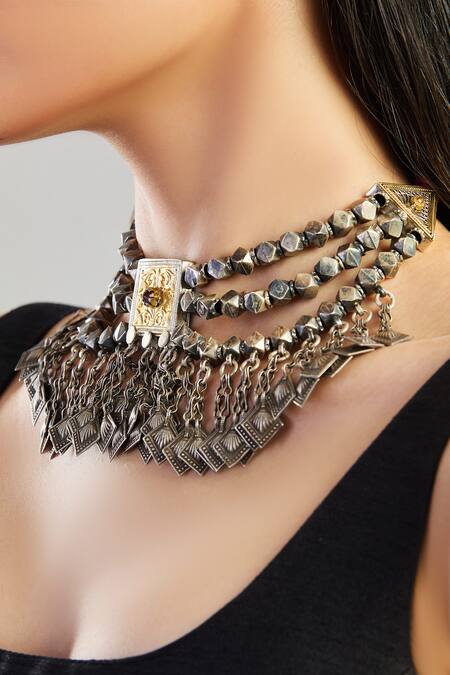 Neeta Boochra_Silver Plated Three Layered Danglers Choker _Online_at_Aza_Fashions