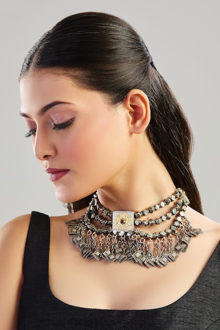 Buy_Neeta Boochra_Silver Plated Three Layered Danglers Choker _Online_at_Aza_Fashions