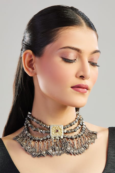 Shop_Neeta Boochra_Silver Plated Three Layered Danglers Choker _at_Aza_Fashions
