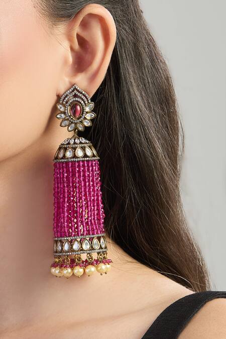 Zevar By Geeta_Gold Plated Beads, Pearls Stone Embellished Jhumka Earrings_Online_at_Aza_Fashions