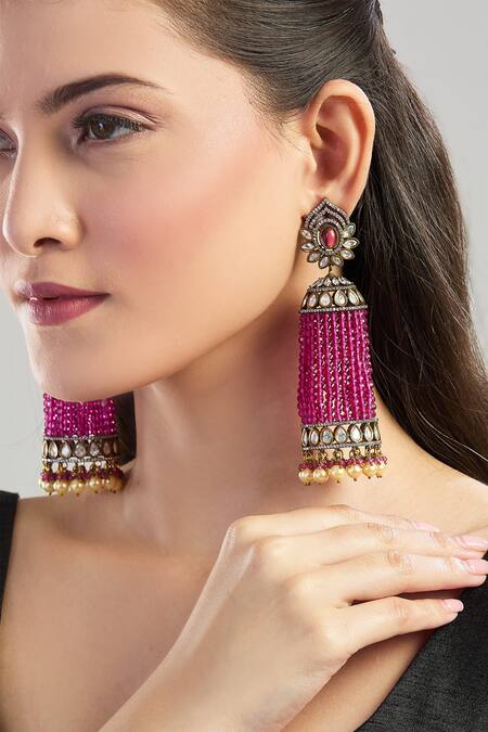 Shop_Zevar By Geeta_Gold Plated Beads, Pearls Stone Embellished Jhumka Earrings_Online_at_Aza_Fashions