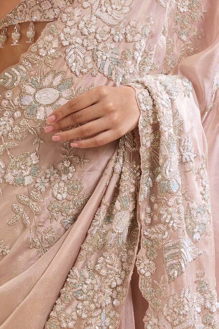 Azeera_Pink Silk Cut Work, Sequins, Tassels, Embroidery Plunge Neck Floral Saree Set _Online_at_Aza_Fashions