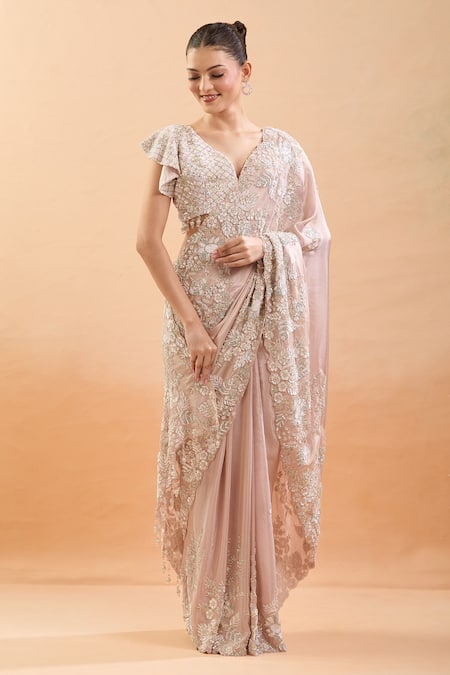 Buy_Azeera_Pink Silk Cut Work, Sequins, Tassels, Embroidery Plunge Neck Floral Saree Set _Online_at_Aza_Fashions