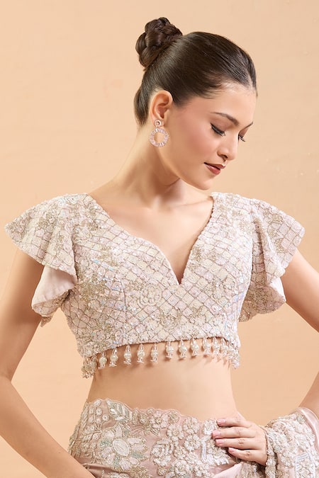 Shop_Azeera_Pink Silk Cut Work, Sequins, Tassels, Embroidery Plunge Neck Floral Saree Set _Online_at_Aza_Fashions